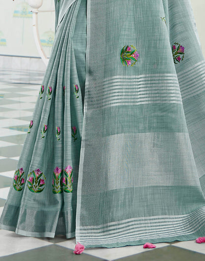 Grey Linen Woven Floral Printed Saree