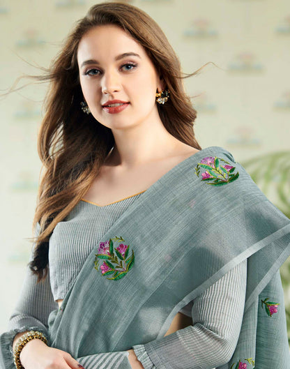 Grey Linen Woven Floral Printed Saree
