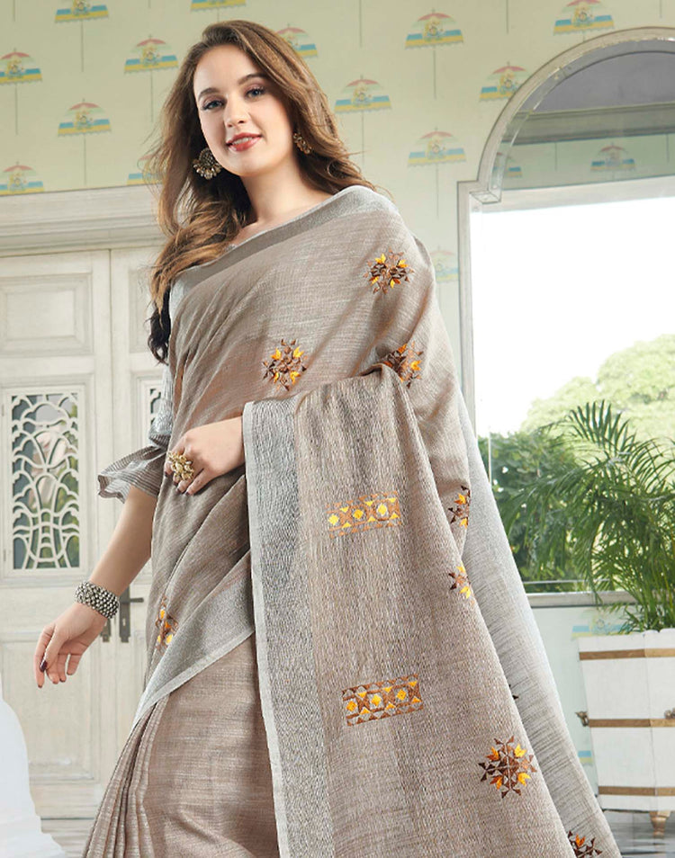 Brown Linen Woven Floral Printed Saree