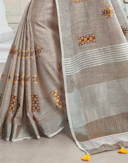 Brown Linen Woven Floral Printed Saree