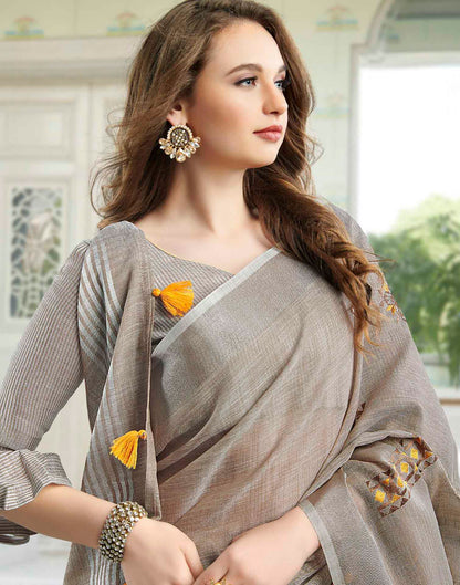 Brown Linen Woven Floral Printed Saree