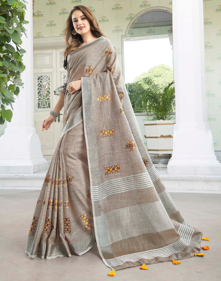 Brown Linen Woven Floral Printed Saree