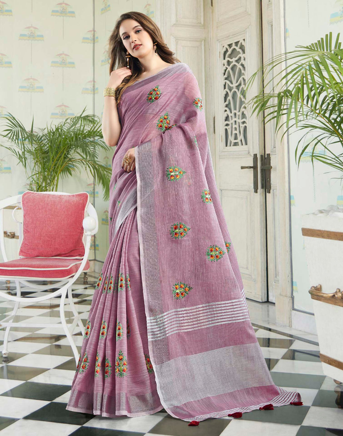 Light Purple Linen Woven Floral Printed Saree