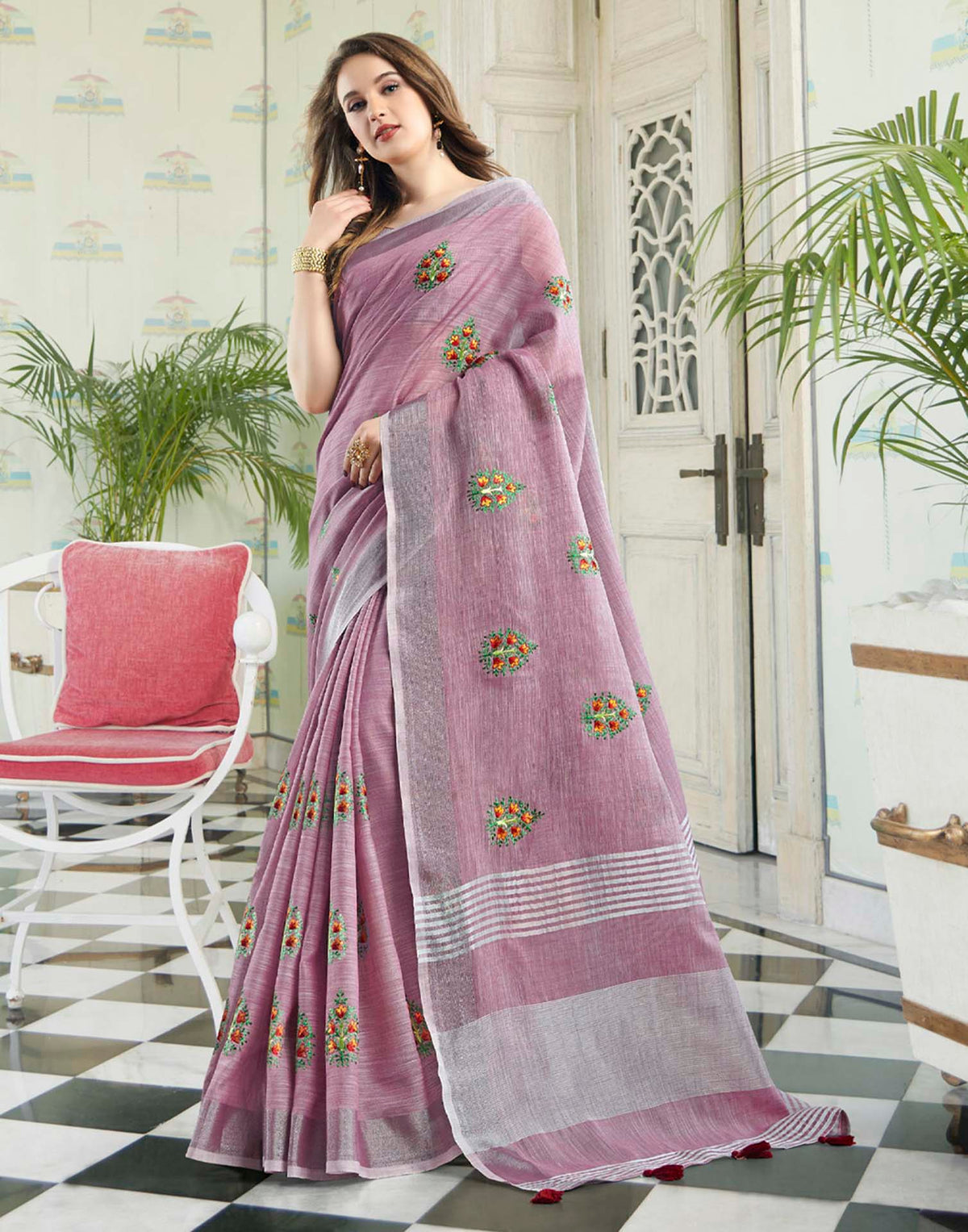 Light Purple Linen Woven Floral Printed Saree