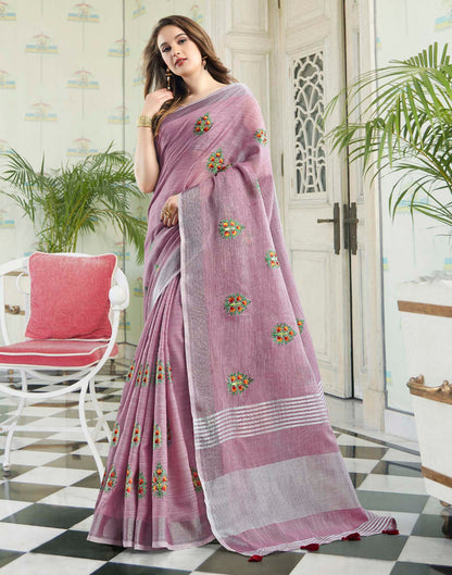 Light Purple Linen Woven Floral Printed Saree