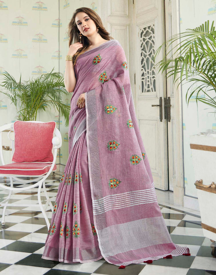 Light Purple Linen Woven Floral Printed Saree