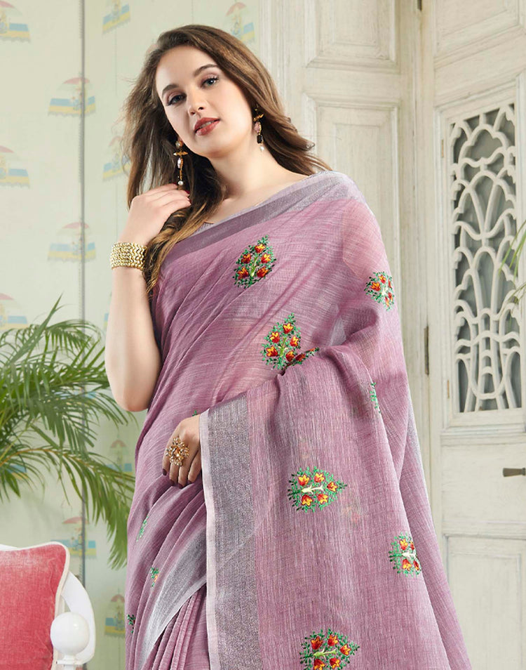 Light Purple Linen Woven Floral Printed Saree