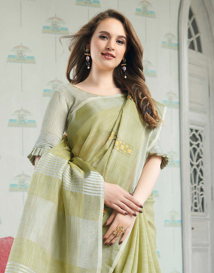 Light Green Linen Woven Floral Printed Saree