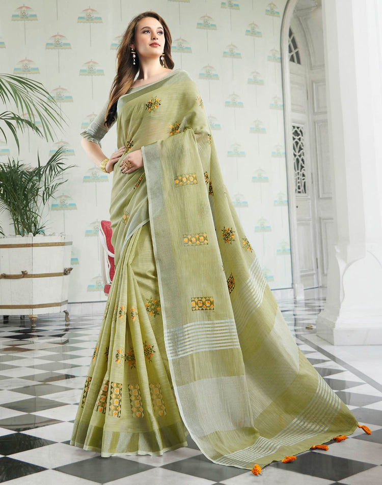 Light Green Linen Woven Floral Printed Saree