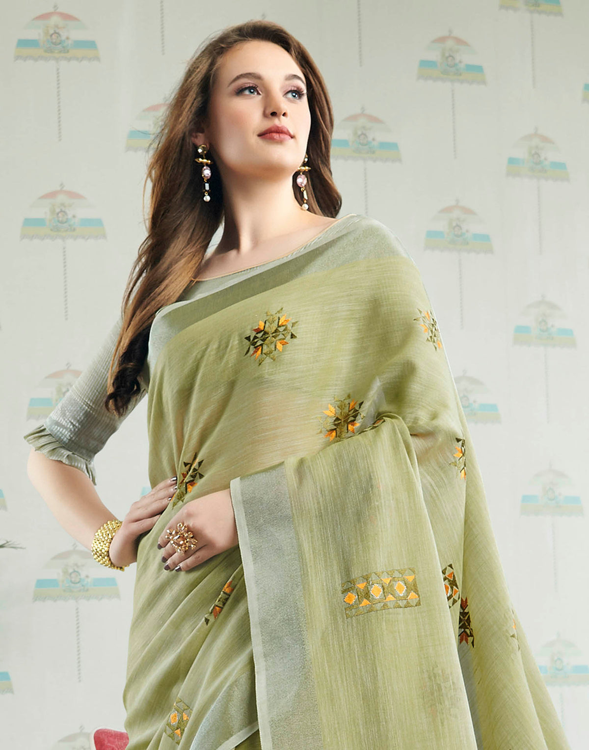 Light Green Linen Woven Floral Printed Saree
