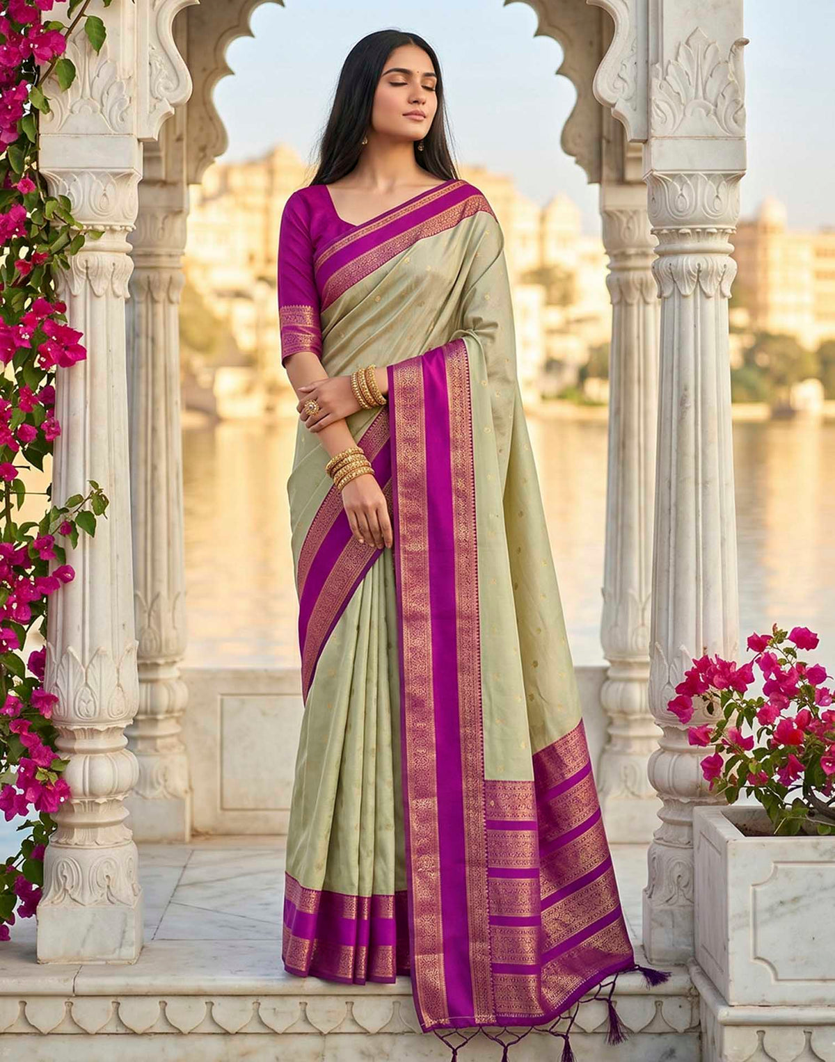 Beige Silk Woven Kanjivaram Saree