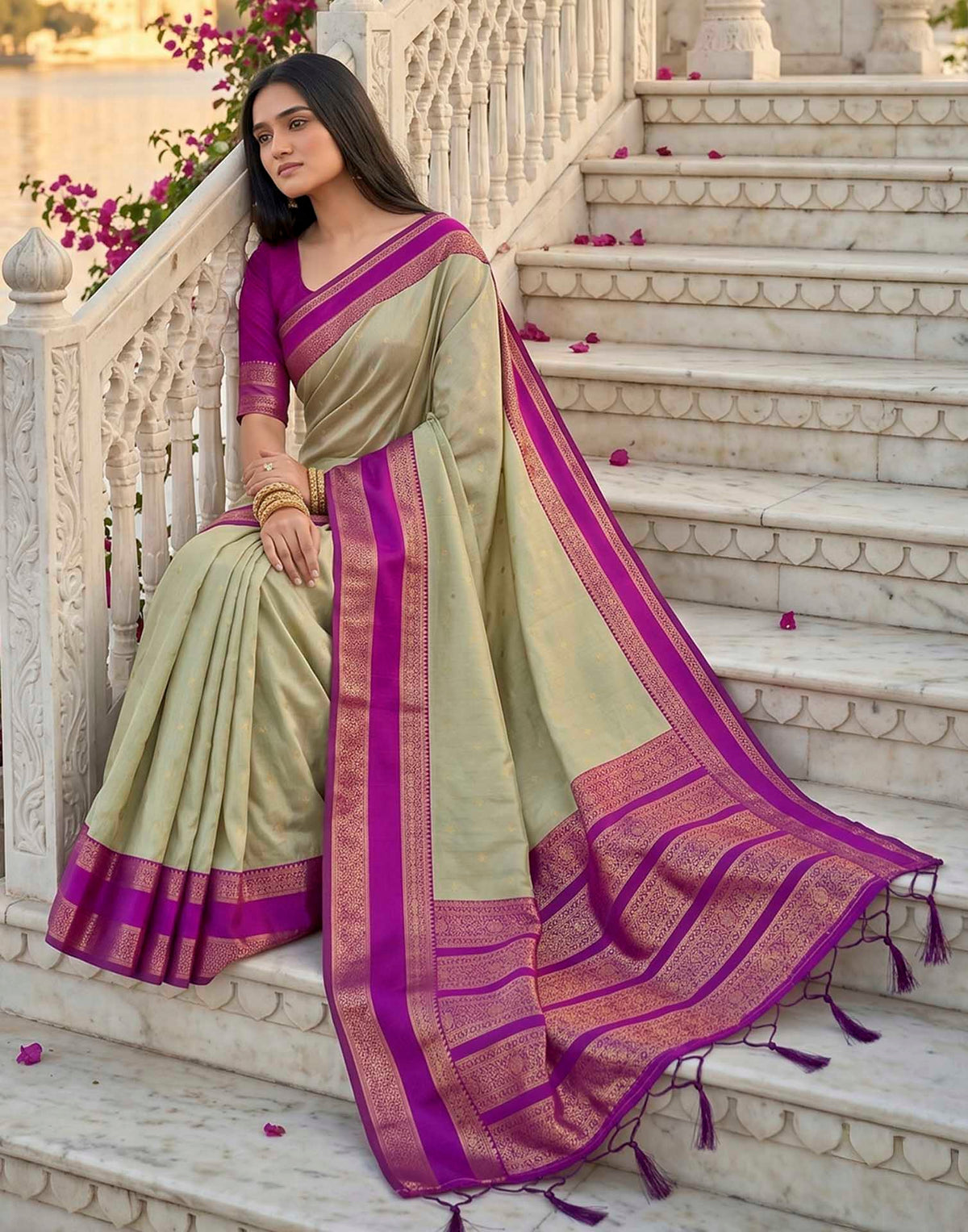Beige Silk Woven Kanjivaram Saree