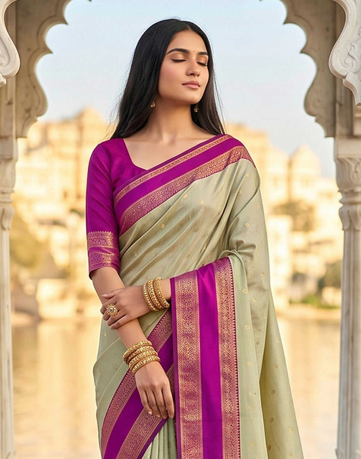 Beige Silk Woven Kanjivaram Saree