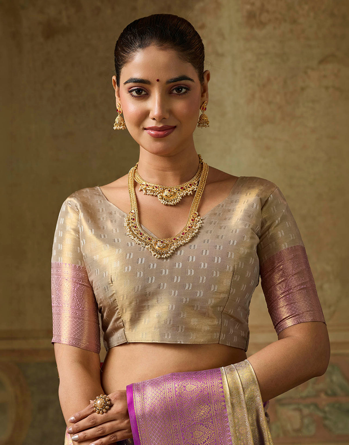 Beige Silk Woven Kanjivaram Saree