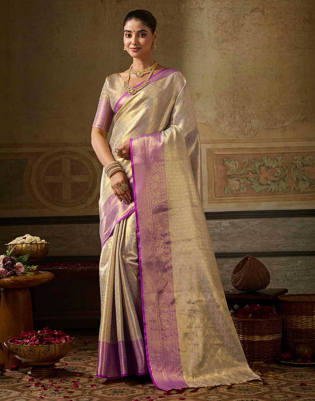 Beige Silk Woven Kanjivaram Saree