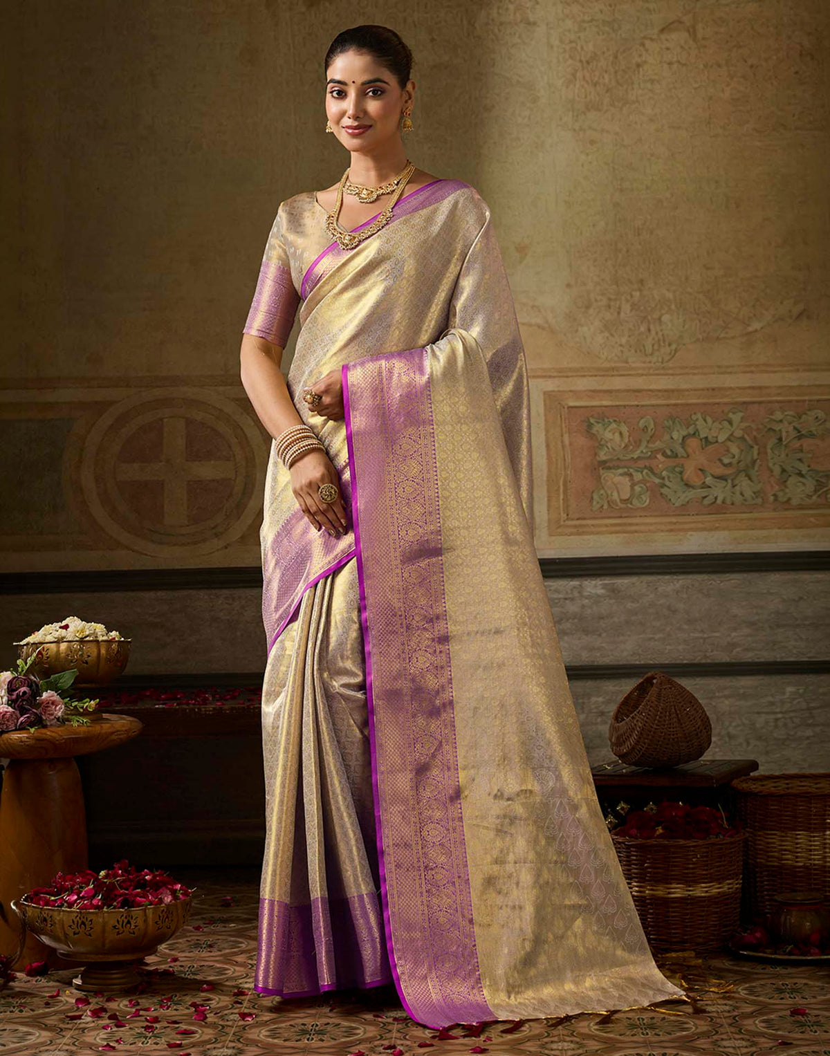 Beige Silk Woven Kanjivaram Saree