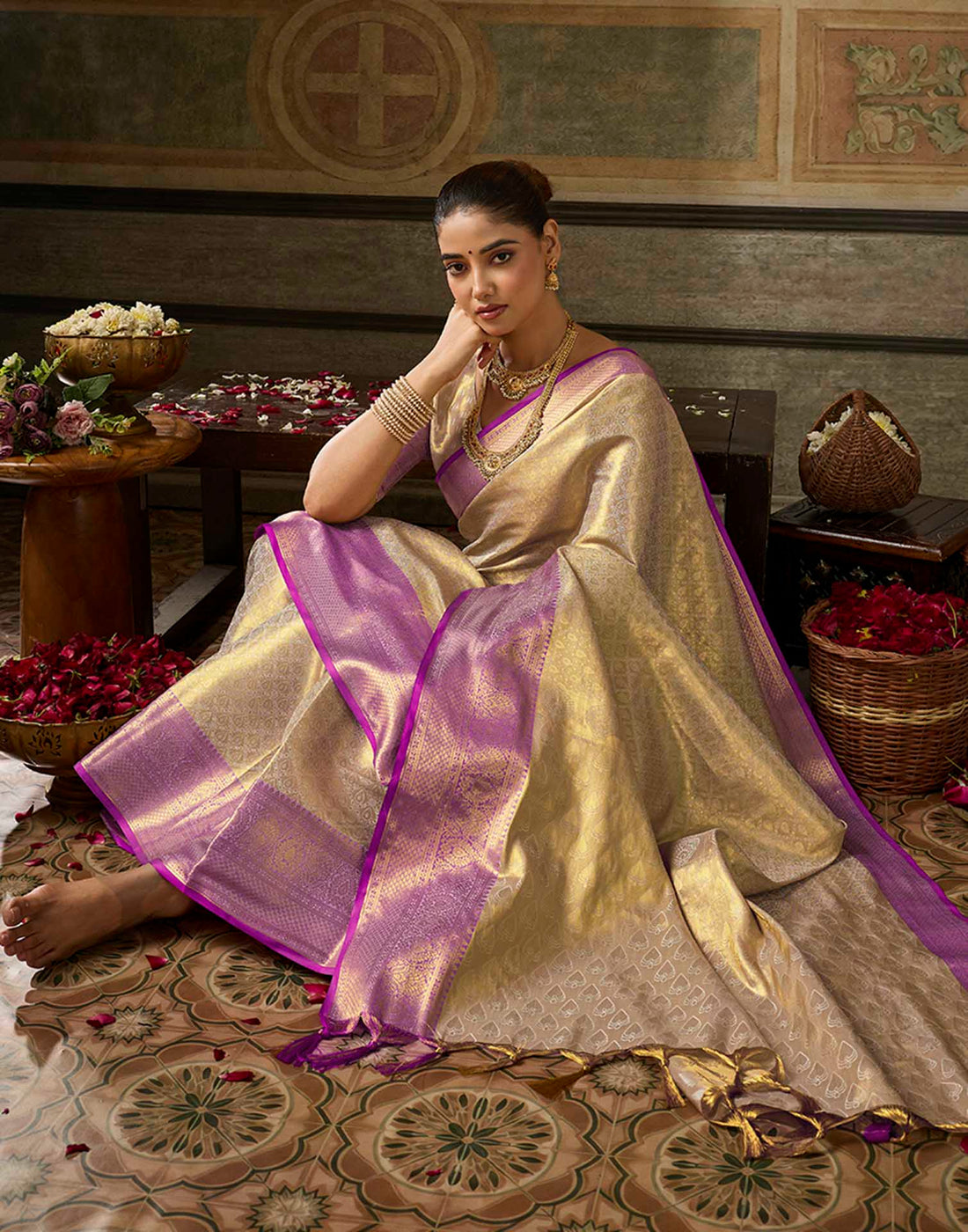Beige Silk Woven Kanjivaram Saree