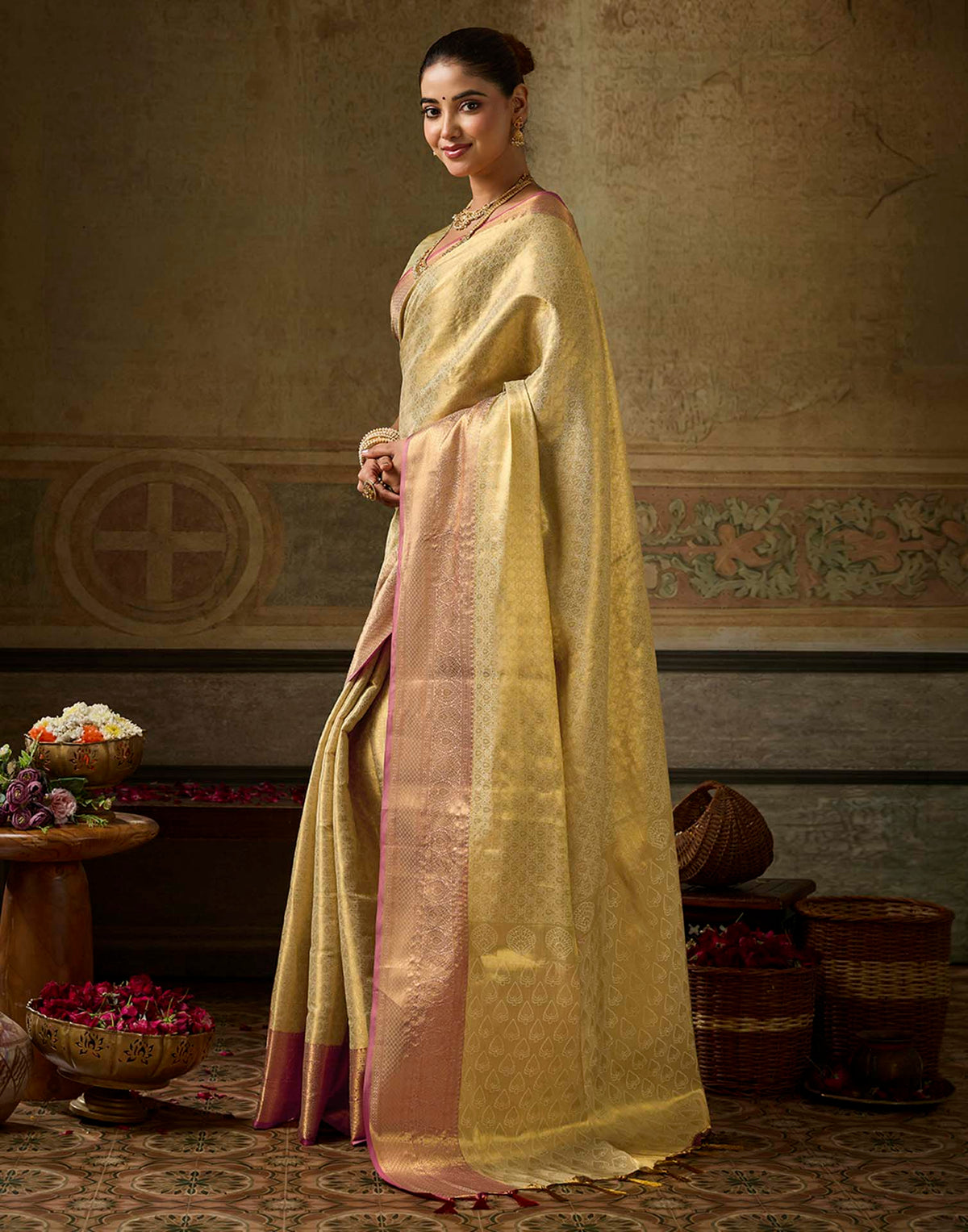 Beige Silk Woven Kanjivaram Saree