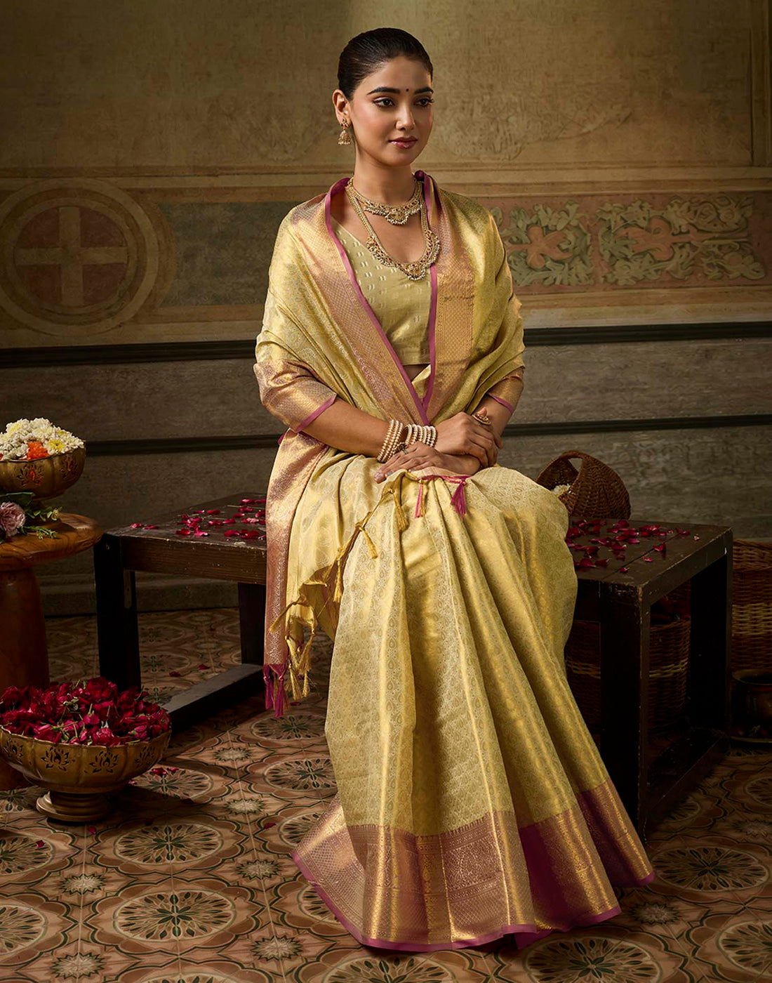 Beige Silk Woven Kanjivaram Saree
