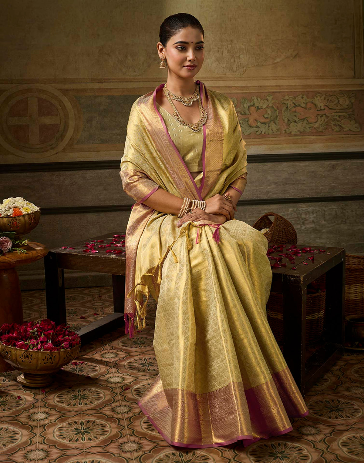 Beige Silk Woven Kanjivaram Saree