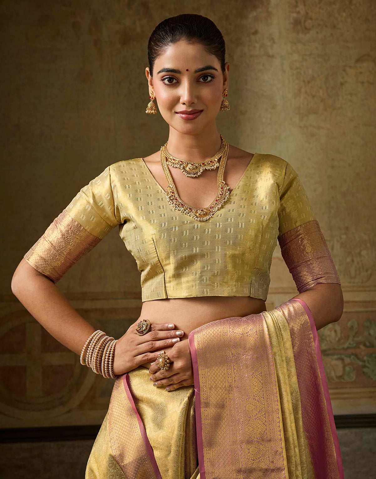 Beige Silk Woven Kanjivaram Saree