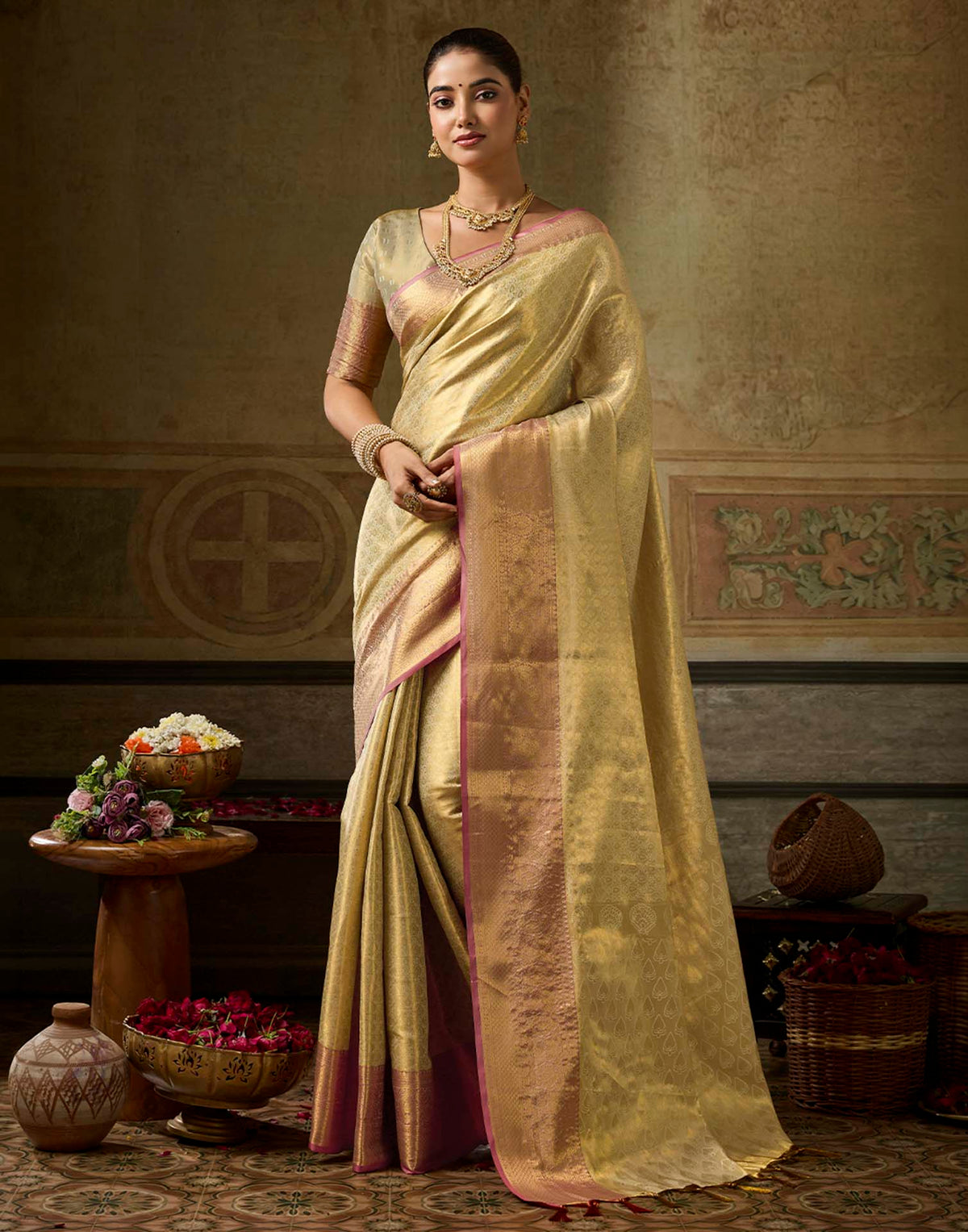 Beige Silk Woven Kanjivaram Saree