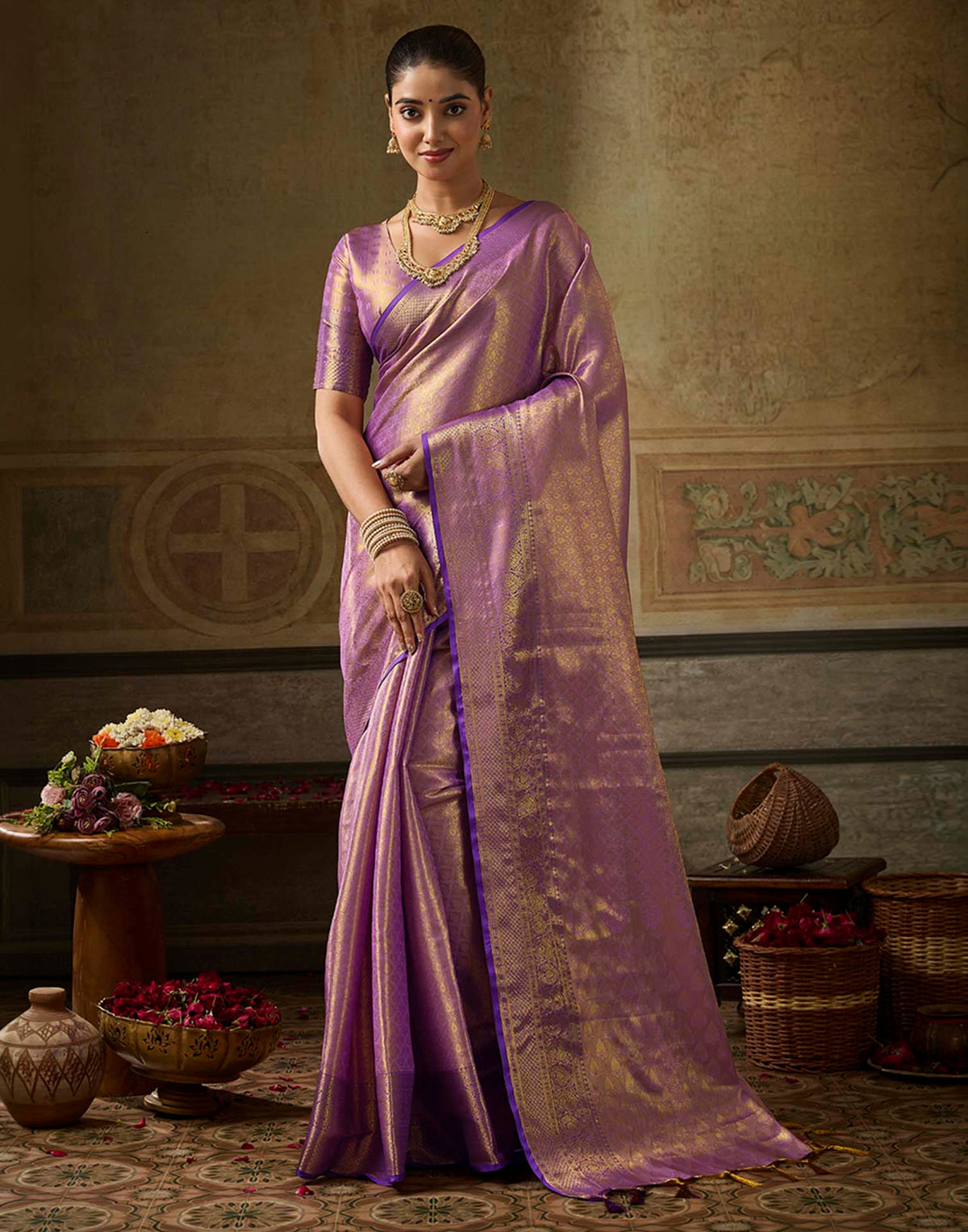 Lavender Silk Woven Kanjivaram Saree