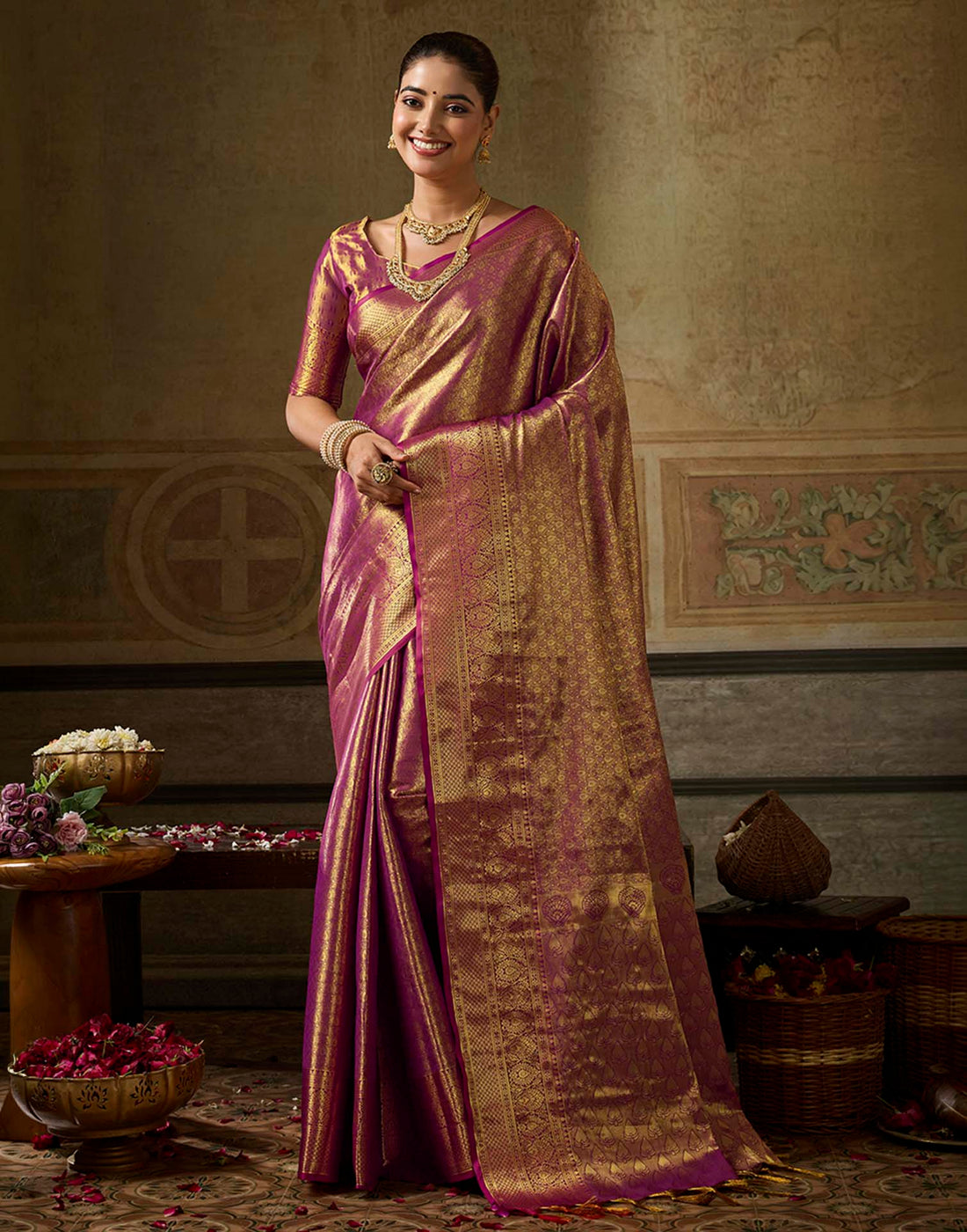 Copper Purple Silk Woven Kanjivaram Saree