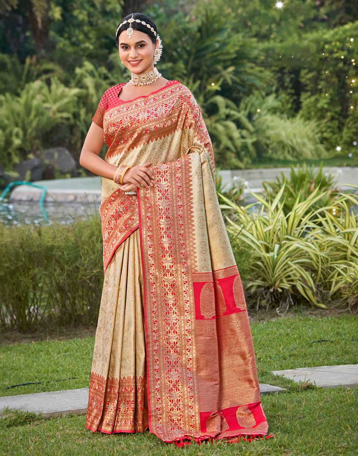 Cream Silk Woven Banarasi Saree