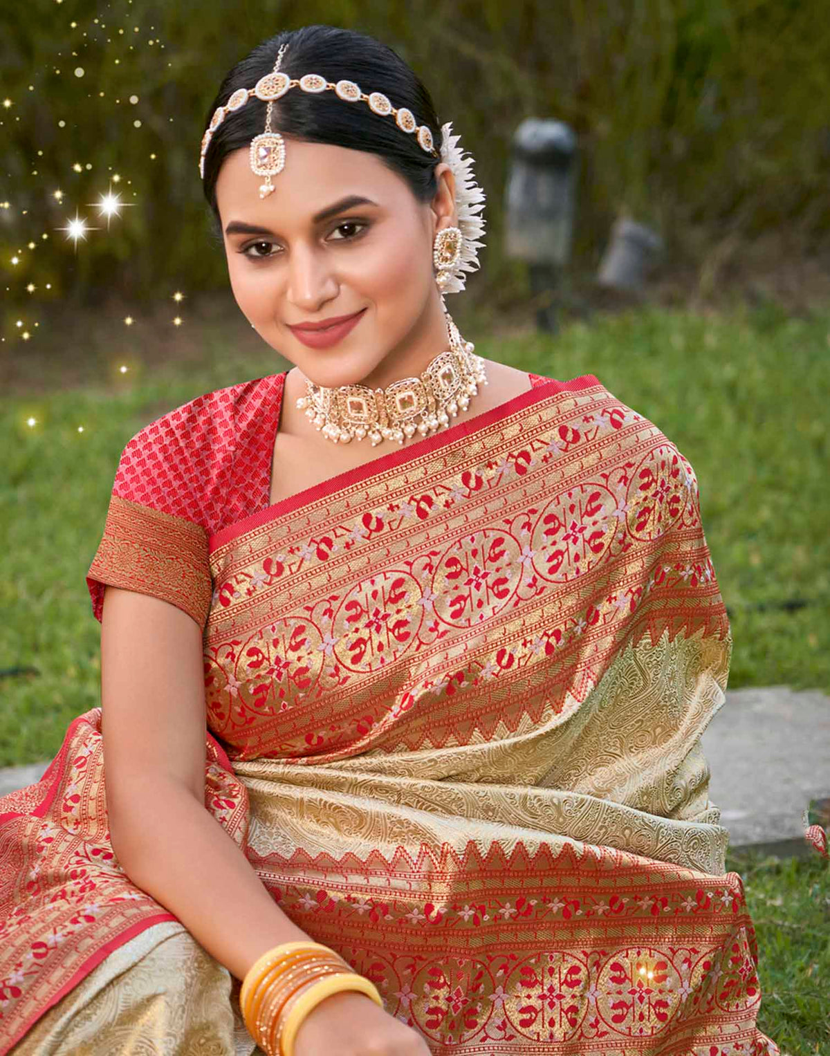 Cream Silk Woven Banarasi Saree