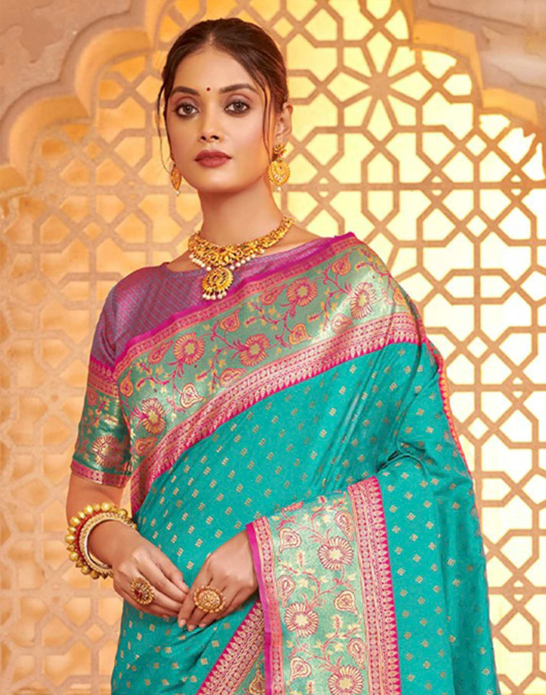 Turquoise Silk Woven Banarasi Saree