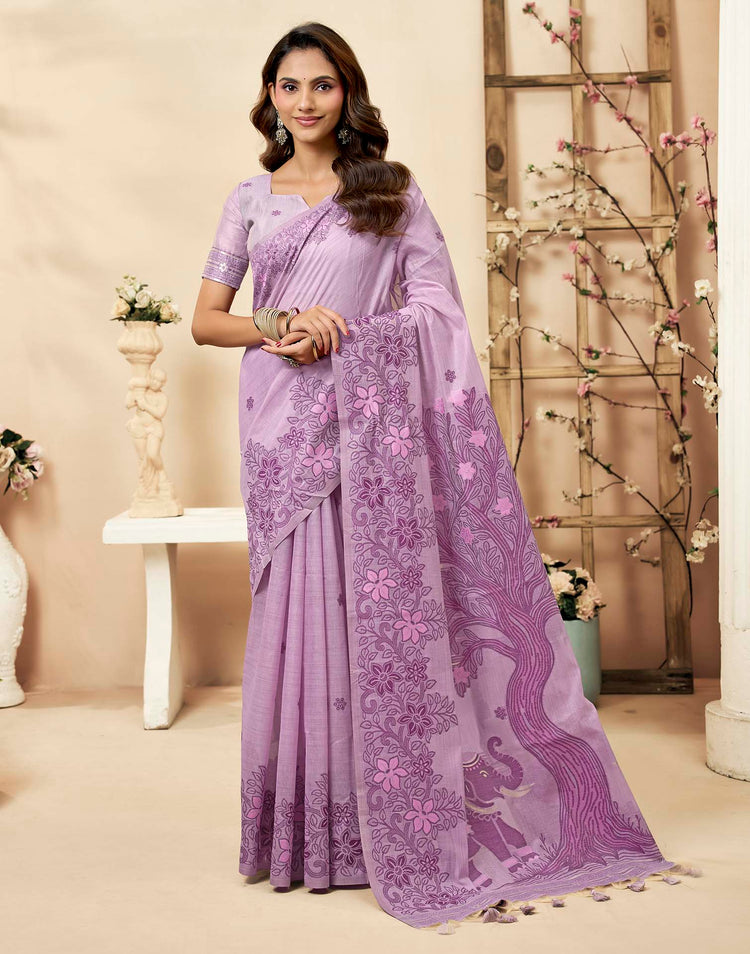 Light Purple Cotton Woven Floral Printed Saree