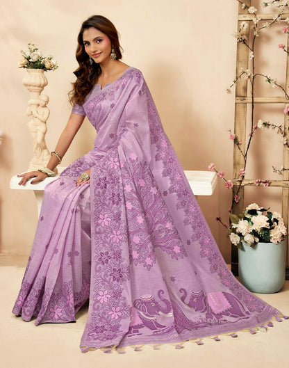 Light Purple Cotton Woven Floral Printed Saree