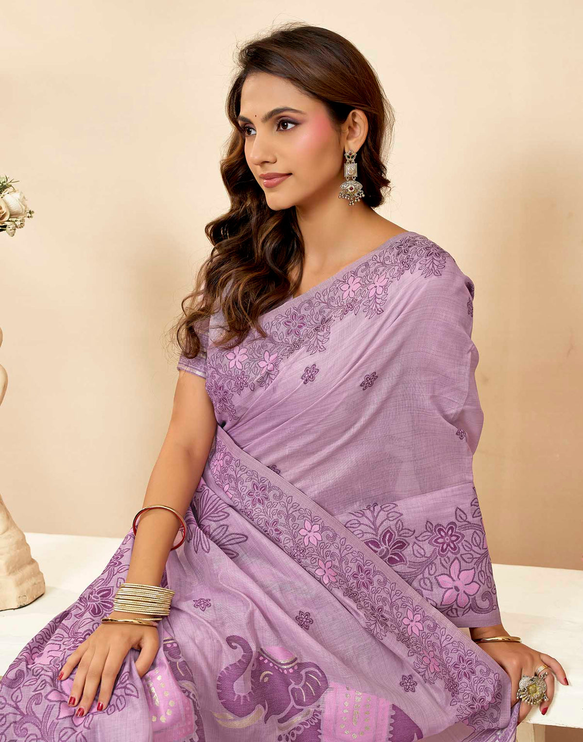 Light Purple Cotton Woven Floral Printed Saree