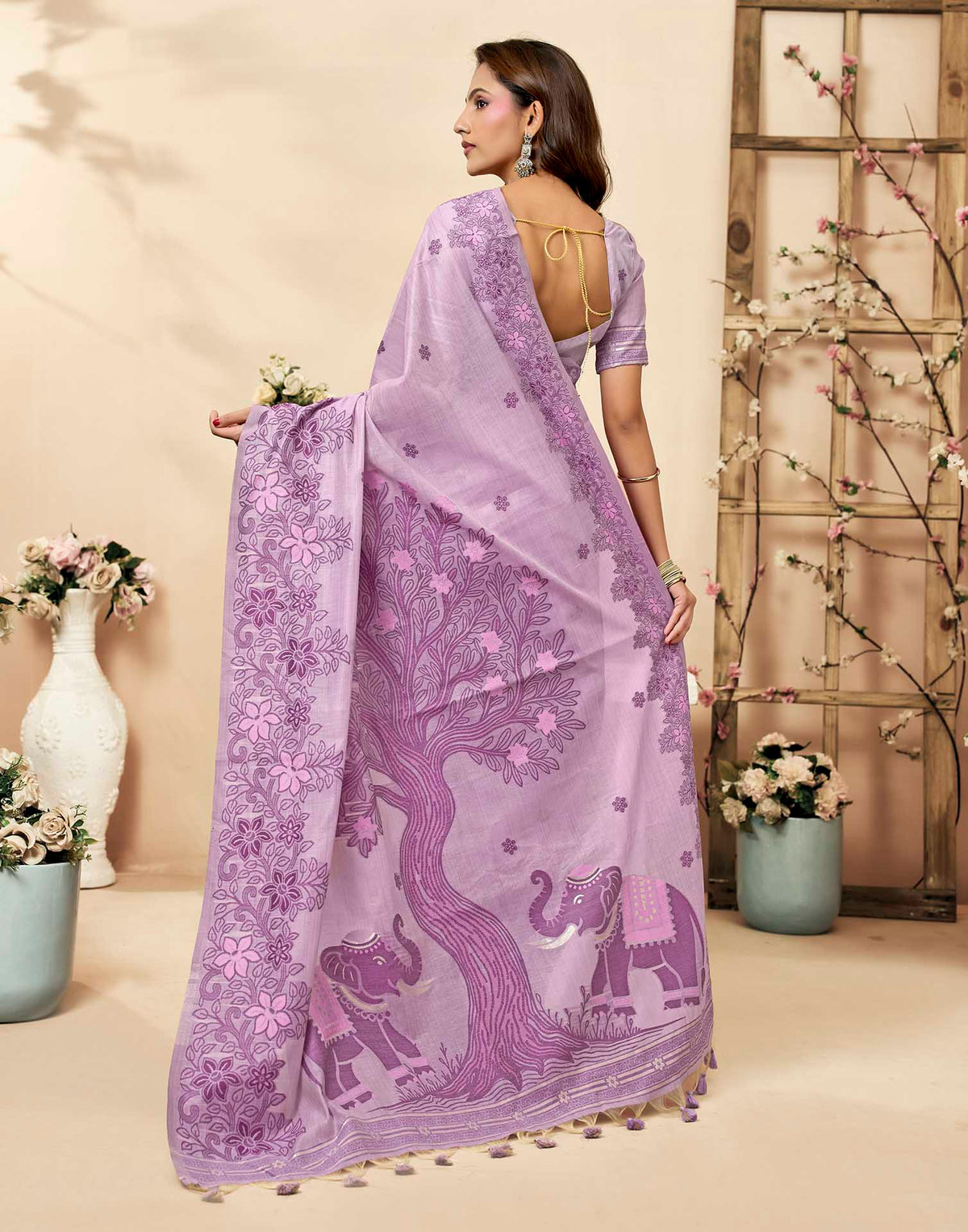 Light Purple Cotton Woven Floral Printed Saree