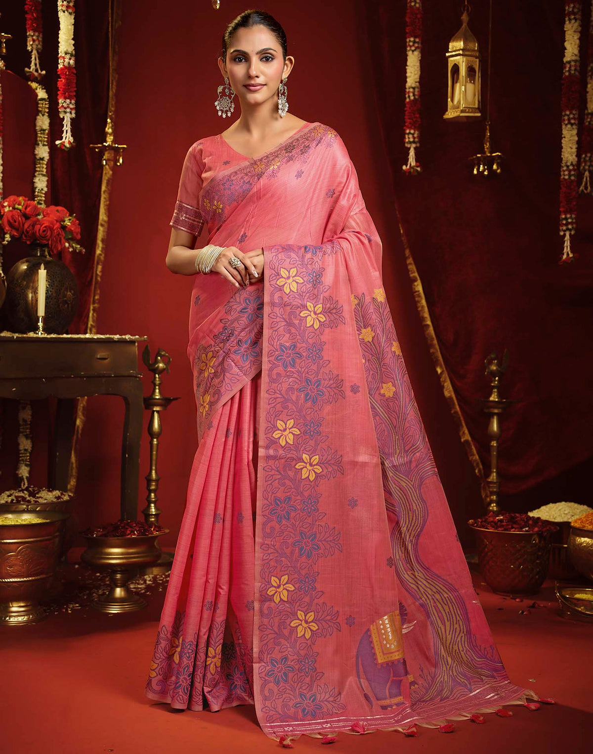 Baby Pink Cotton Woven Floral Printed Saree