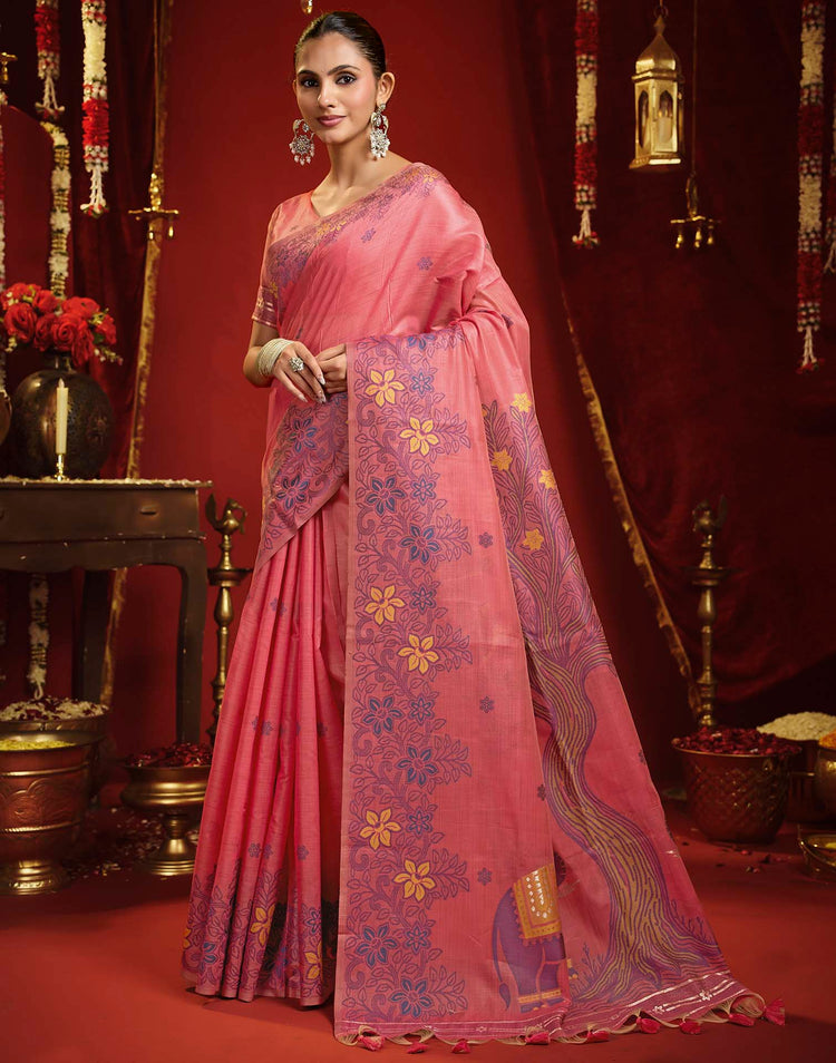 Baby Pink Cotton Woven Floral Printed Saree