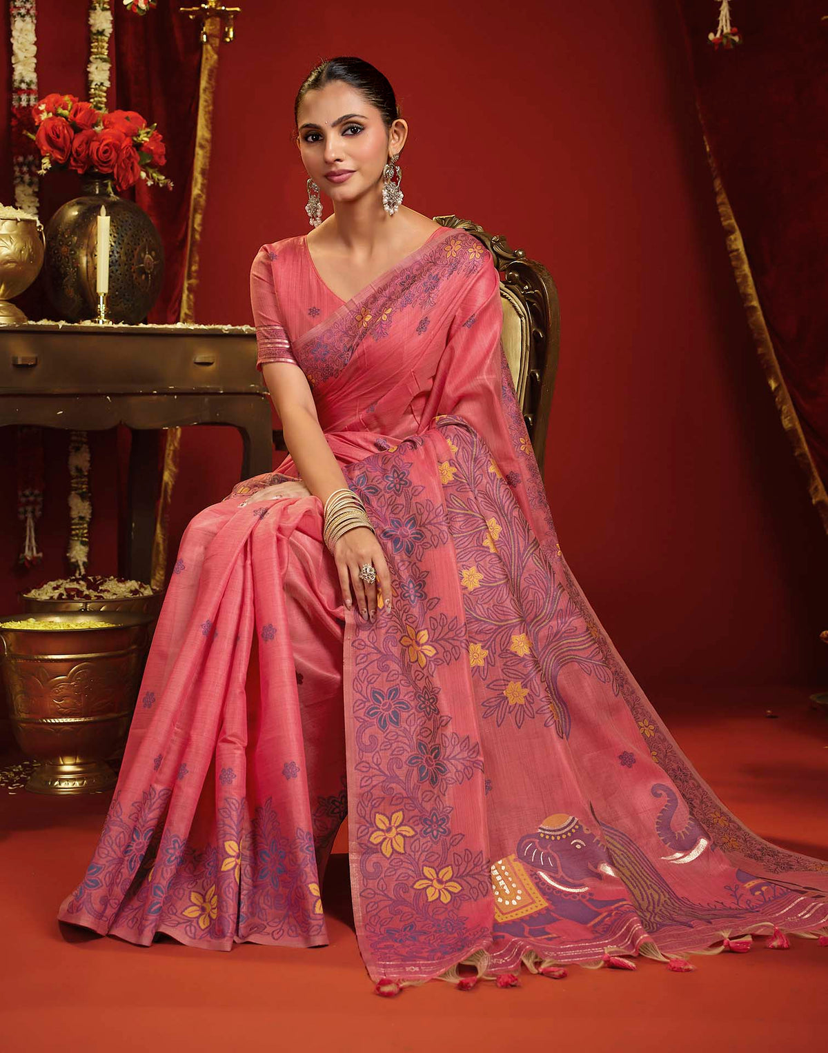 Baby Pink Cotton Woven Floral Printed Saree