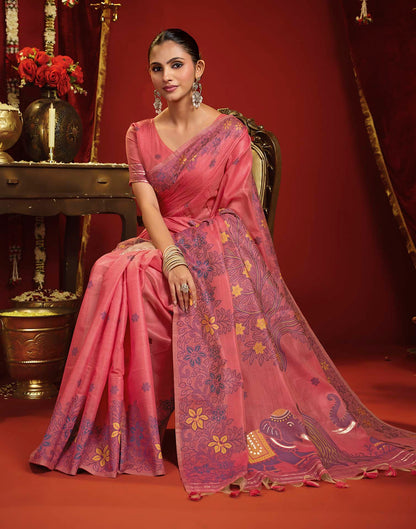 Baby Pink Cotton Woven Floral Printed Saree