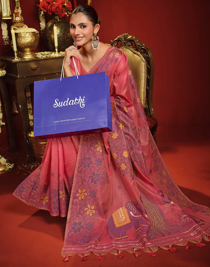 Baby Pink Cotton Woven Floral Printed Saree