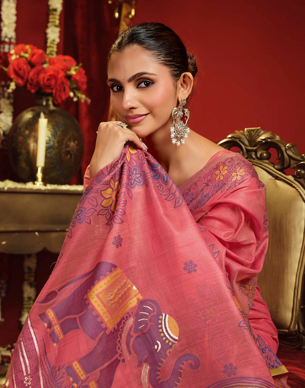 Baby Pink Cotton Woven Floral Printed Saree
