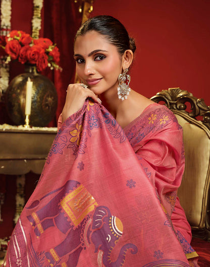 Baby Pink Cotton Woven Floral Printed Saree