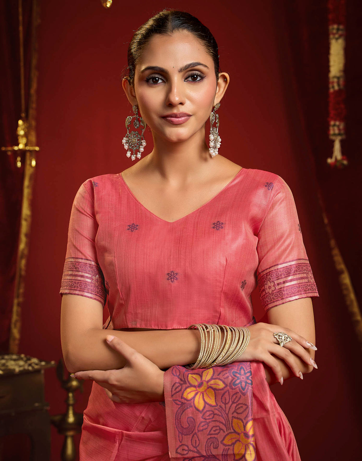 Baby Pink Cotton Woven Floral Printed Saree