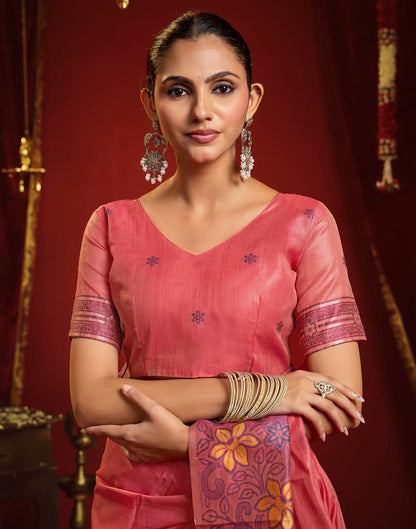 Baby Pink Cotton Woven Floral Printed Saree