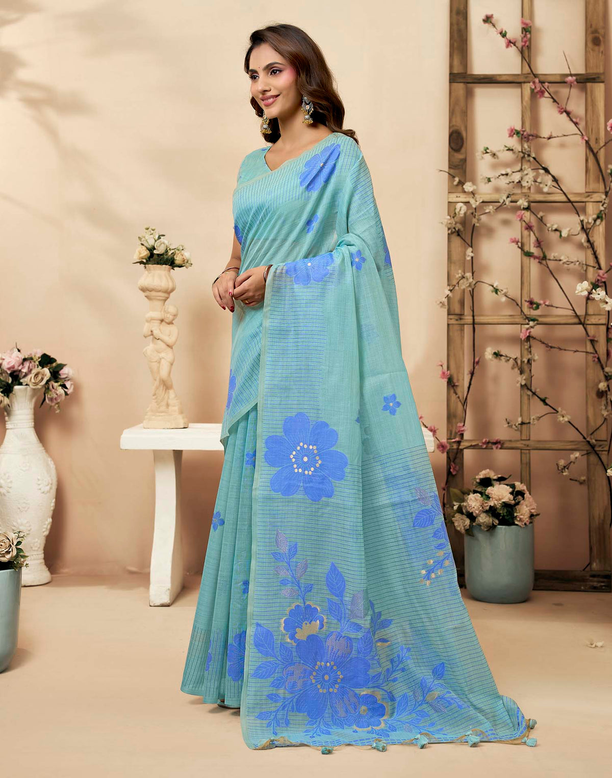 Sky Blue Cotton Woven Floral Printed Saree