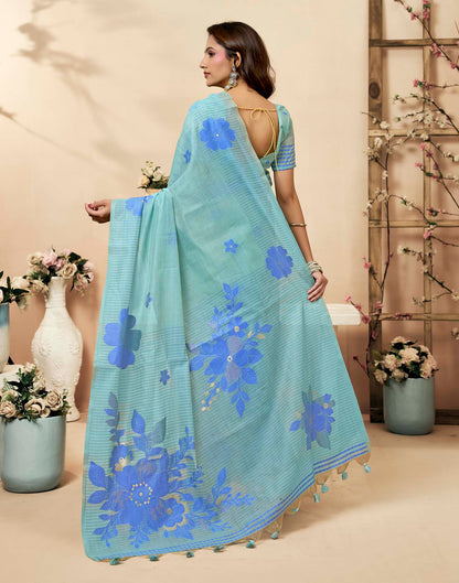 Sky Blue Cotton Woven Floral Printed Saree