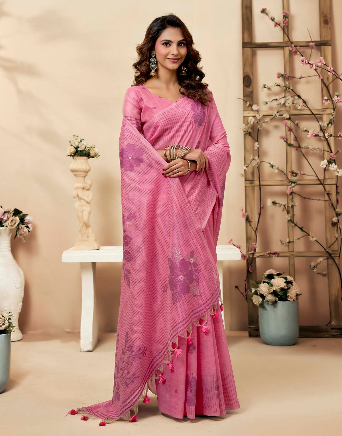 Light Pink Cotton Woven Floral Printed Saree