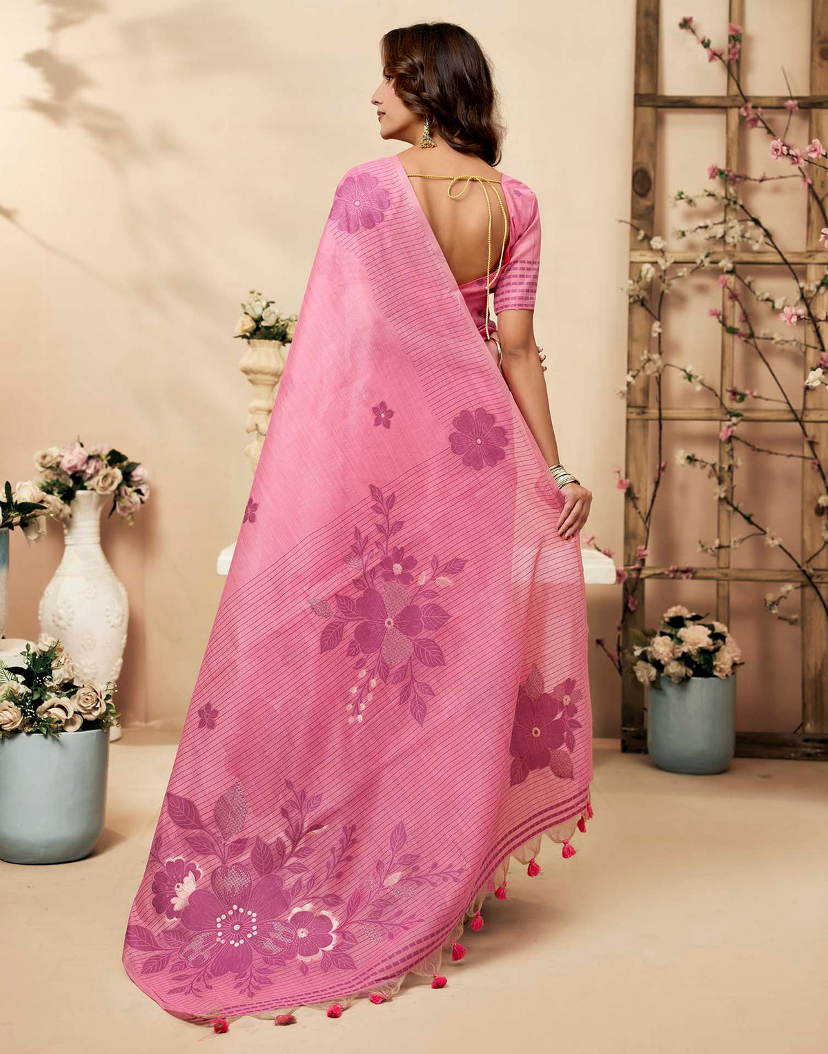 Light Pink Cotton Woven Floral Printed Saree