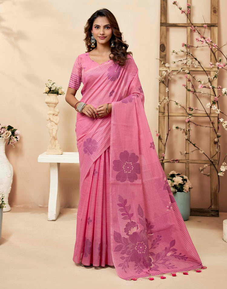 Light Pink Cotton Woven Floral Printed Saree