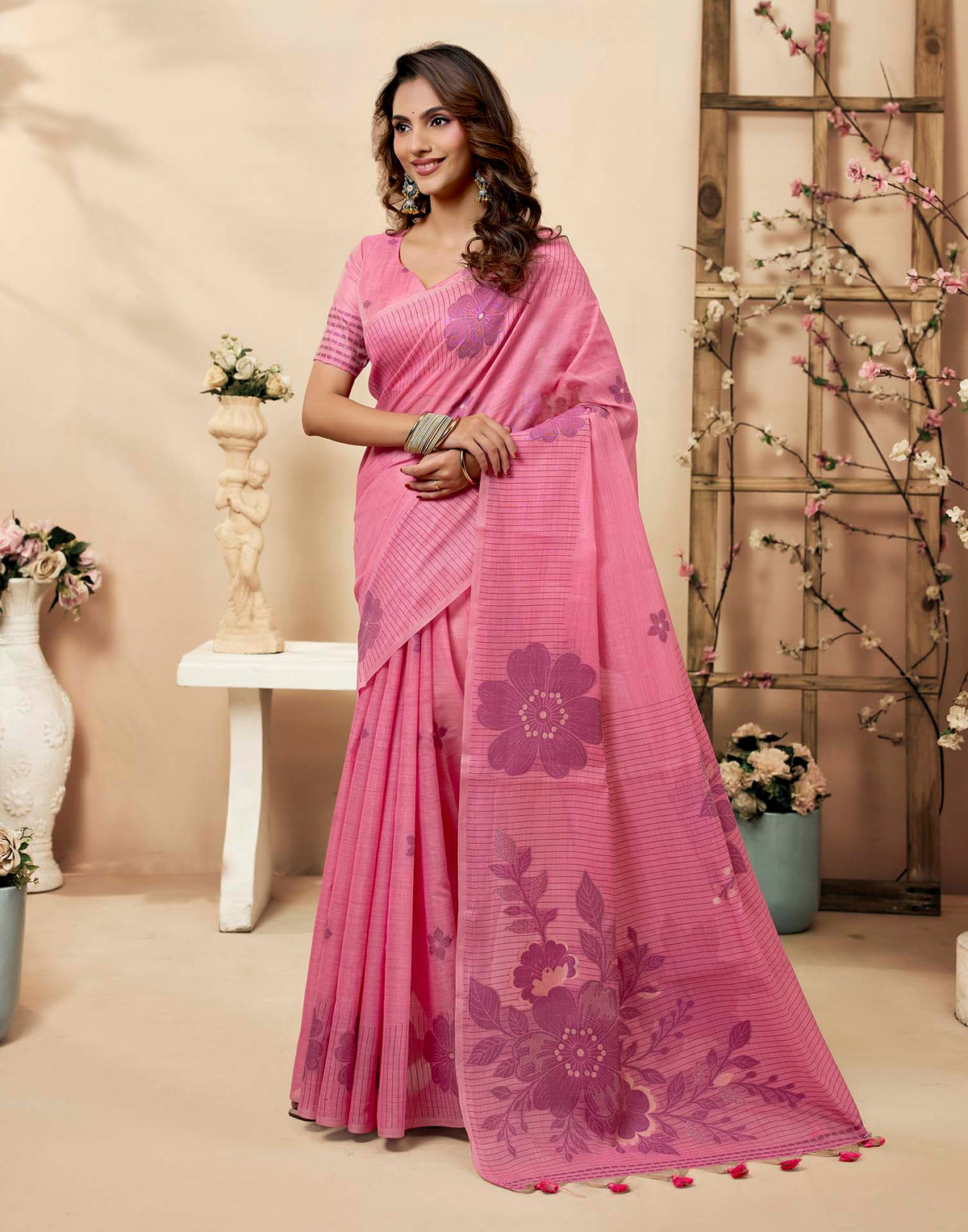 Light Pink Cotton Woven Floral Printed Saree